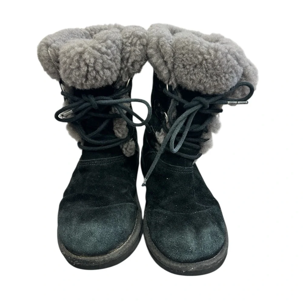 UGG‎ Montclair 1892 Boot Black Suede Gray Shearling Fur Cuff Girls Size 4